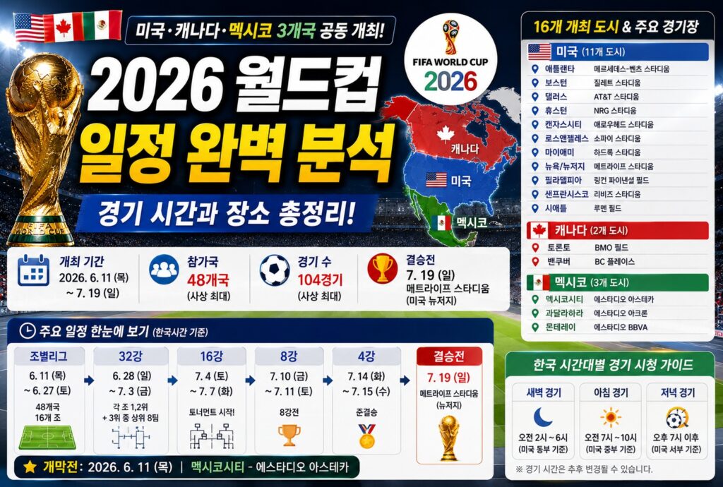2026 북중미 월드컵의 거대한 스케일과 개막전부터 결승전까지의 핵심 타임라인 2026 월드컵 일정 완벽 분석 경기 시간과 장소 총정리